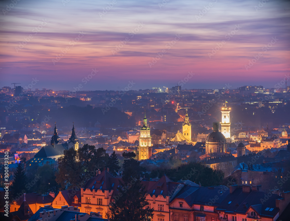 Amazing panoramic view of historical city center at twilight, Lviv, Ukraine. UNESCO world heritage site