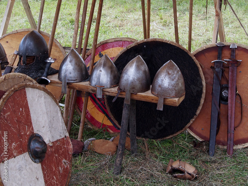 Obraz na plátně Historical medieval festival, Viking camp, armor and weapons.