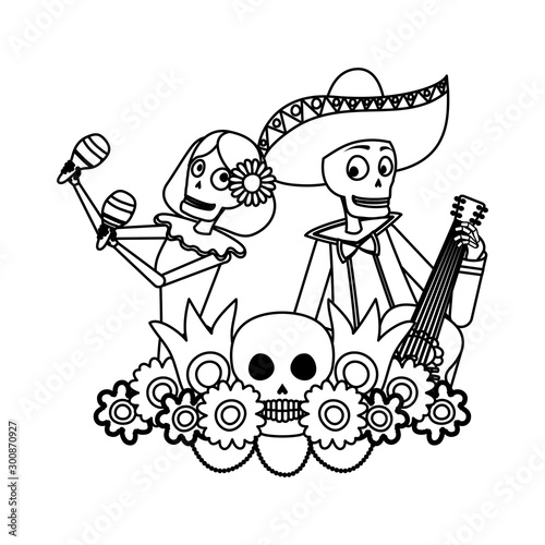 catrina and mariachi skulls playing maracas and guitar