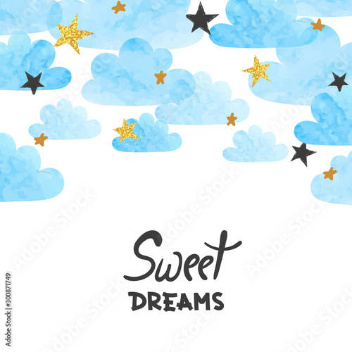 Vector blue watercolor clouds and stars background. Sweet dreams poster. Baby shower card.