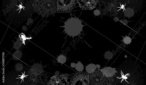 background with spiders in grey webs and blots isolated on black