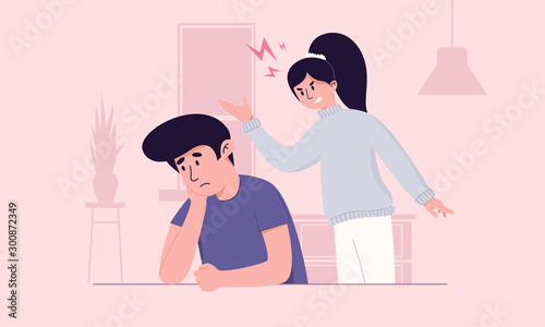 Young family has stressful situation arguing. Woman shouts, man is confused. Couple have relationship problems. Wife and husband can't compromise. Tense home atmosphere concept illustration.