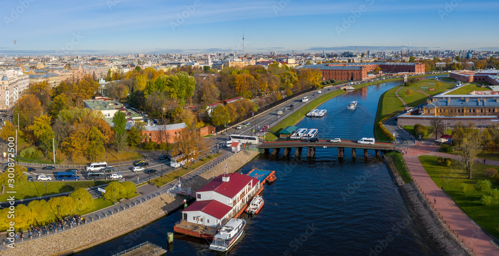 Arial drone panoramic view of St. Peterburg. Bridge between Petrograd side and Hare Island. Sankt Peterburg. Istoric center. Bridges Architecture of Rusia