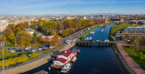 Arial drone panoramic view of St. Peterburg. Bridge between Petrograd side and Hare Island. Sankt Peterburg. Istoric center. Bridges Architecture of Rusia © lblinova