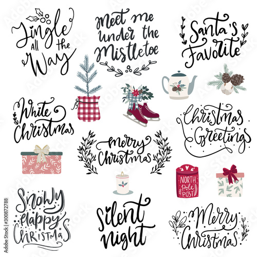 Set of hand drawn vector illustrations and hand written lettering phrases about Christmas holidays. Winter season and Merry Christmas celebration clipart and letterng collection for cards,posters,sale