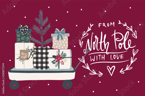 Merry Christmas greeting card, poster, banner  with trolley full of gift boxes, hand written lettering words for winter holidays products design in modern scandinavian style inspire