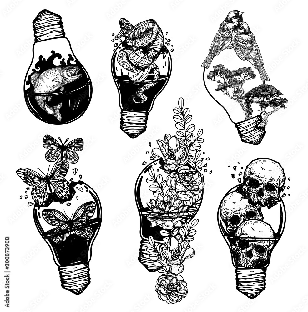 Tattoo art light bulb vintage that contains various things hand drawing  Stock Vector | Adobe Stock