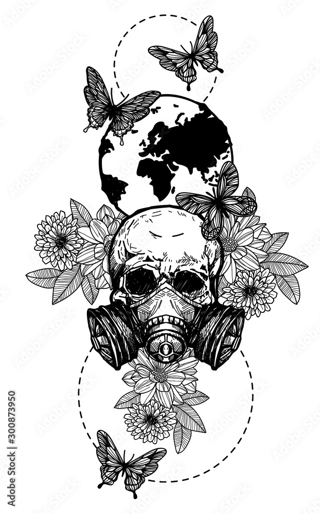 Fototapeta premium Tattoo art skull flowers hand drawing black and white