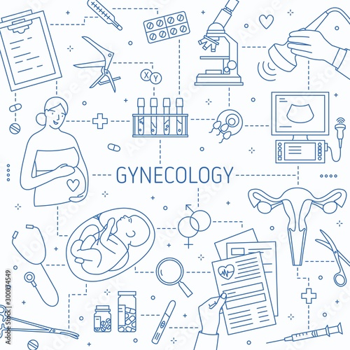 Gynecology vector lineart banner template. Prenatal foetus diagnostics. Pregnant woman health monitoring, vitamins prescription. Ultrasound equipment, obstetricians tools poster design.
