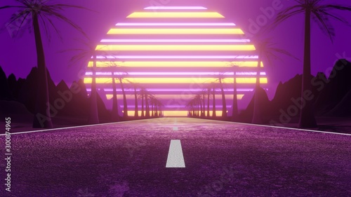 80s Synthwave road with palm trees