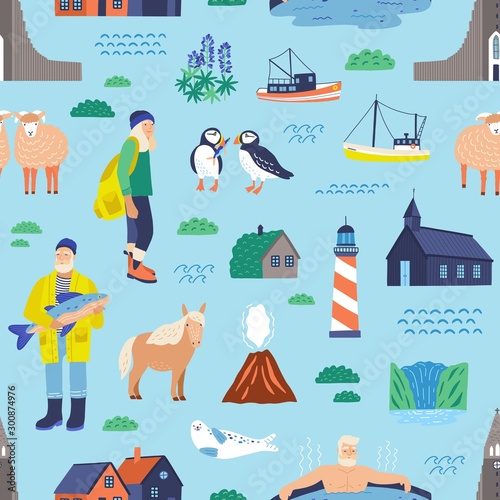 Iceland flat vector seamless pattern. Islandic people, animals and landmarks decorative background. Traditional scandinavian nature and architecture illustrations. Cartoon wallpaper design.