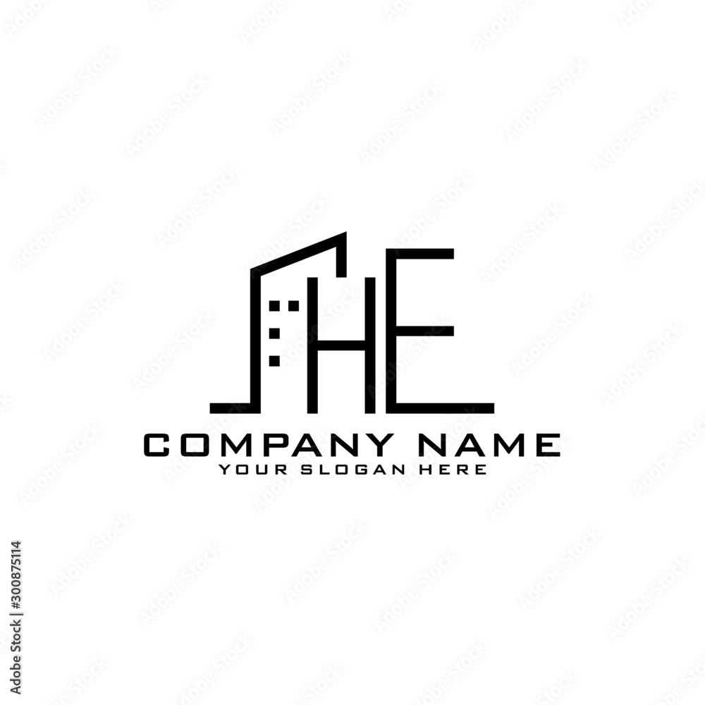 Letter HE With Building For Construction Company Logo