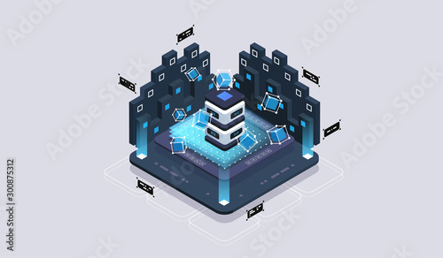 Isometric design concept virtual reality and augmented reality. software development and programming. Computation of big data center, quantum computer isometric vector technology