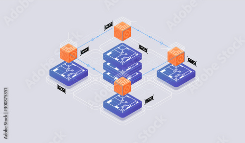 Isometric design concept virtual reality and augmented reality. software development and programming. Computation of big data center, quantum computer isometric vector technology