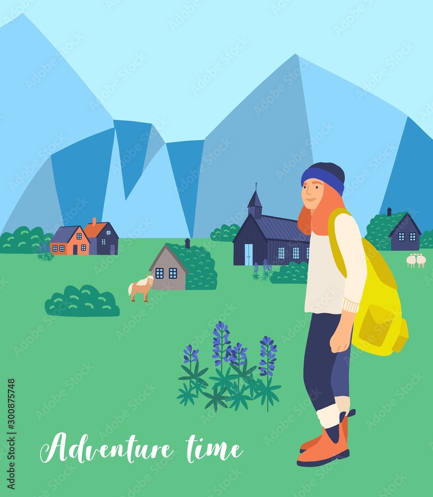Mountain hiking flat vector illustration. Female tourist cartoon character.  Wandering woman. Tour abroad, trip round-the-world, foreign country  visiting. Travelling, outing, adventure. Stock Vector | Adobe Stock