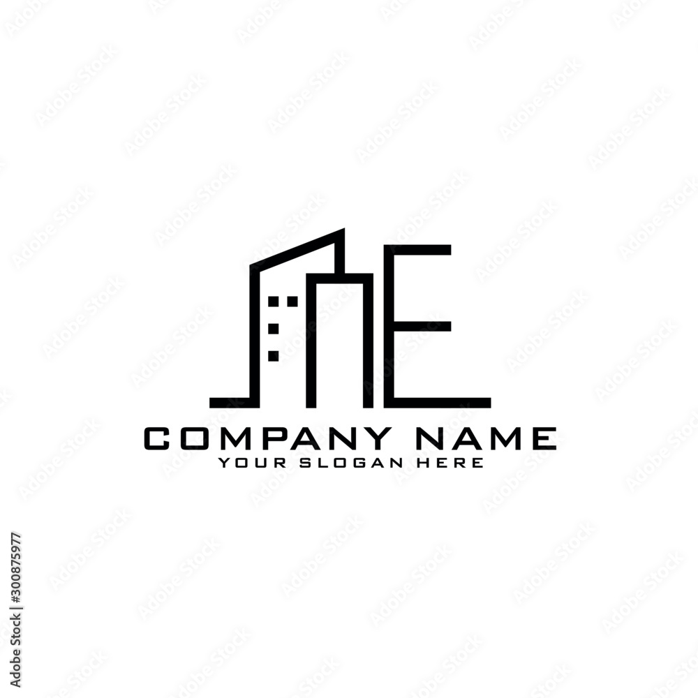 Letter NE With Building For Construction Company Logo