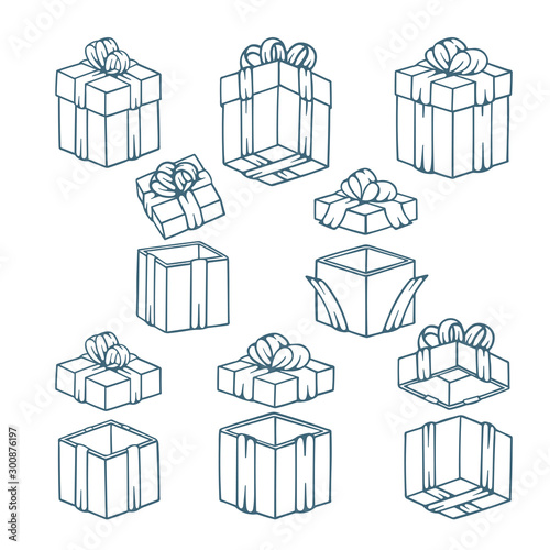 Gift box. Hand drawn gift boxes with closed and opened top. Gift boxes realistic vector sketch illustrations collection. Part of set.