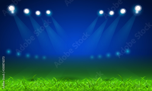 Soccer field, green grass and bright sports light. Vector