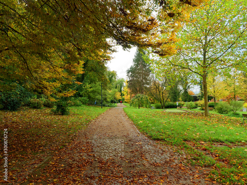 Kurpark von Bad Bellingen in Südschwarzwald. Pfad Spaziergang unter Bäumen mit Herbstfarben
