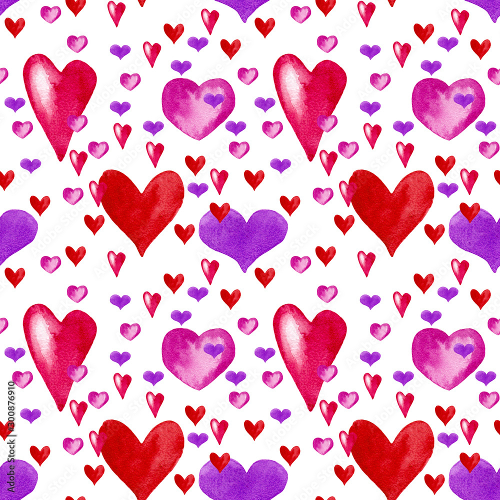 Seamless pattern of decorative big and small colored hearts. Theme of Valentine day. Watercolor hand painted elements isolated on white background.
