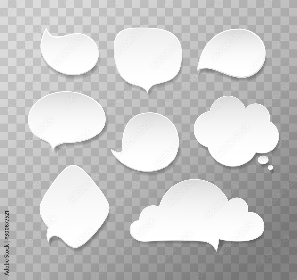 Vector set of white paper speech bubbles. Thought, dreams balloons. Message blank isolated on transparent background Vector set of white paper speech bubbles. Thought, dreams balloons. Message blank isolated on transparent background