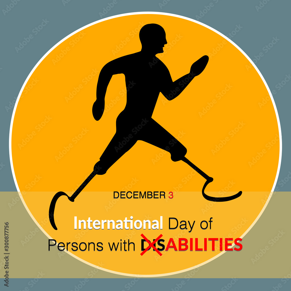 Creative, motivational, conceptual card/banner/poster/campaign/ad design for International day of person with disabilities, hand drawn silhouette of running athlete with prosthetic leg. Inspiring.