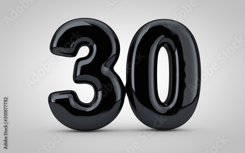 Black glossy balloon number 30 isolated on white background.