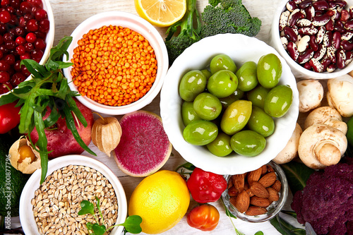 Healthy food selection, clean eating. Fruit, vegetable, seeds © bondarillia