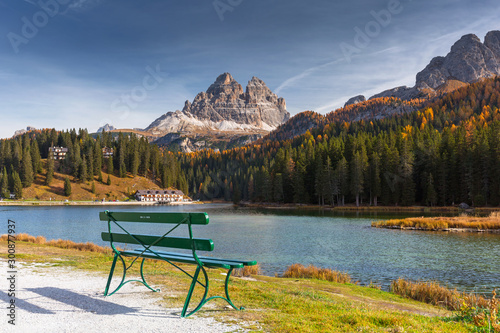 The Tre Cime di Lavaredo mountains at Lago di Misurina lake, Dolomites. South Tyrol, Italy photo