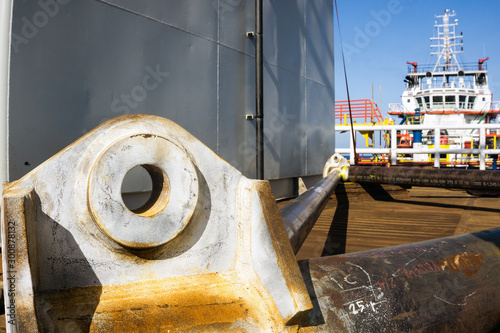 Pad eye of a lifting frame for installation of oil rig extension structure on deck of a cosntruction barge photo