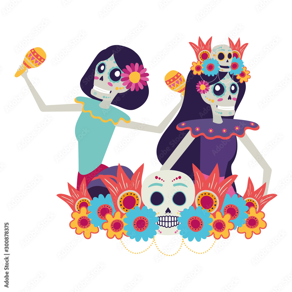 Fototapeta premium mexican katrinas skulls playing maracas comic characters
