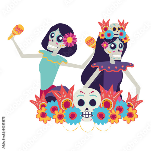 mexican katrinas skulls playing maracas comic characters
