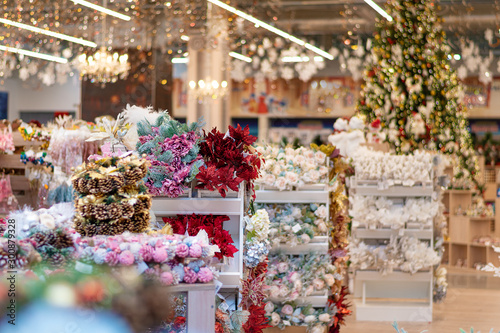 Christmas decorations displayed for selling at the store. photo