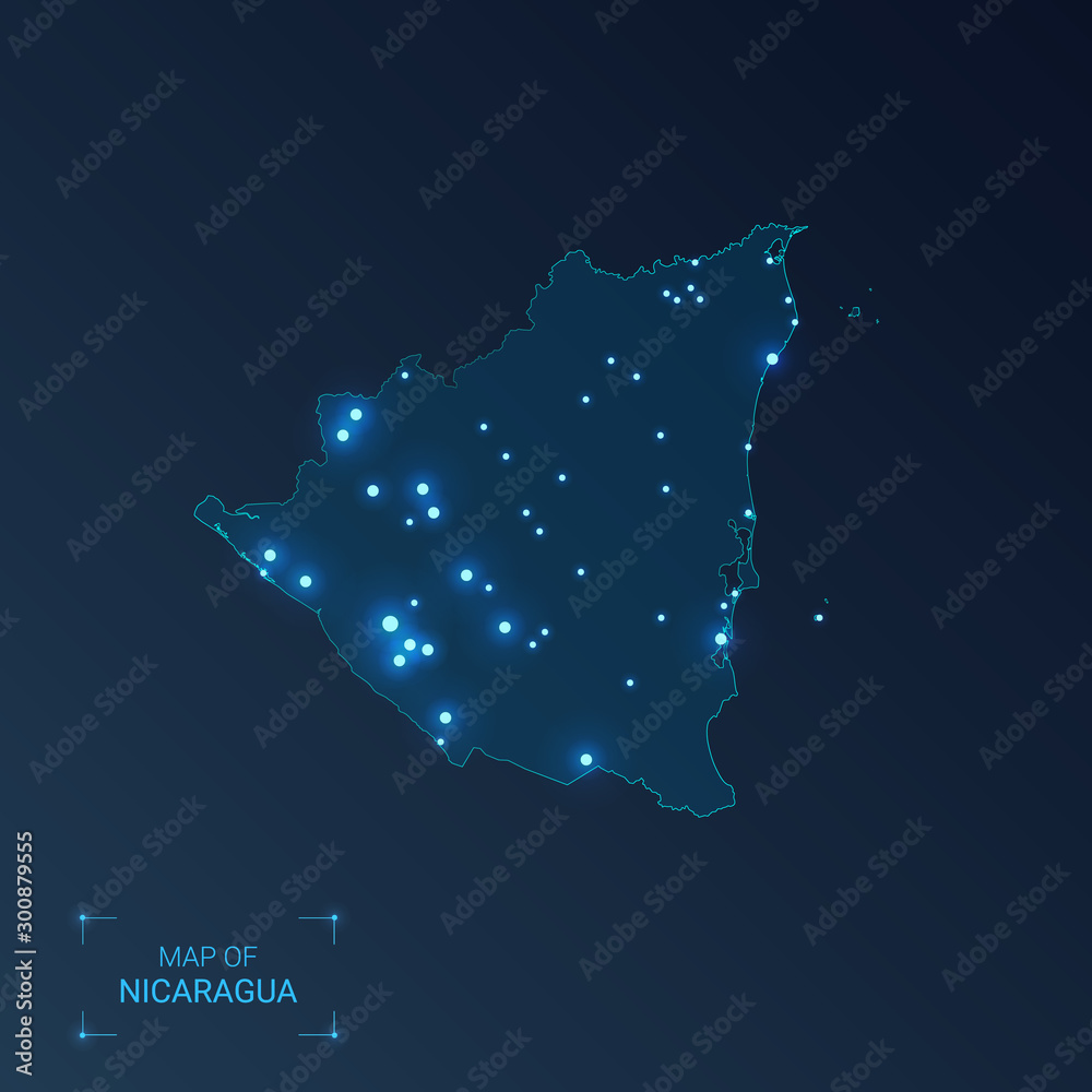 Obraz premium Nicaragua map with cities. Luminous dots - neon lights on dark background. Vector illustration.