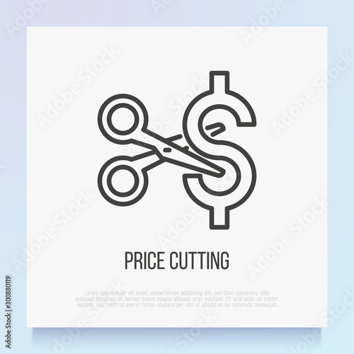 Cut price thin line icon: scissors cutting dollar sign. Special offer. Modern vector illustration.