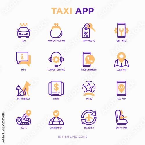 Taxi app thin line icons set: payment method, promocode, app settings, info, support service, phone number, location, pointer, route, destination, airport transfer, baby seat. Vector illustration.