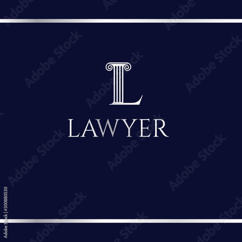 Logotype for court or law firm. Letter L. Silver logo on a dark blue background. L like an antique column. Logo design template