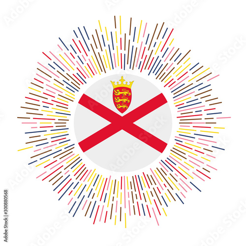 Jersey sign. Country flag with colorful rays. Radiant sunburst with Jersey flag. Vector illustration.