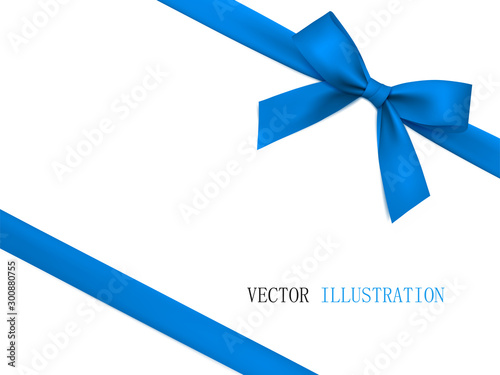 Vector blue gift bow with diagonally white ribbon for corner decor. © comeback01