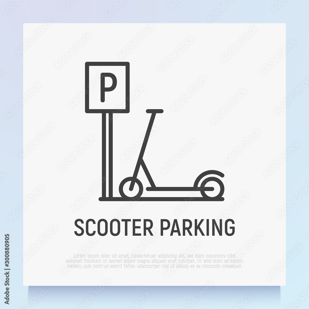 Parking for electric scooter thin line icon. Green transport. Sharing service. Modern vector illustration. Parking for electric scooter thin line icon. Green transport. Sharing service. Modern vector illustration.