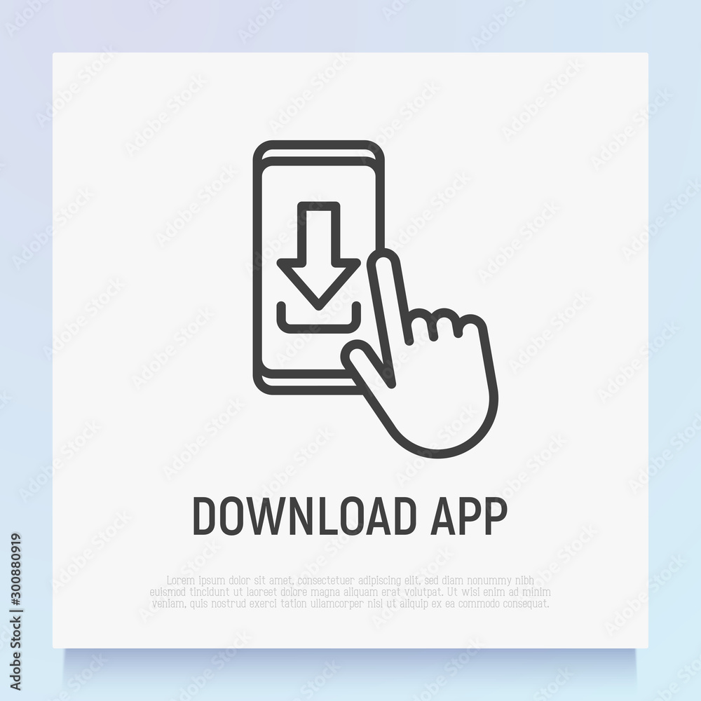 Download mobile app thin line icon. Push button with arrow on smartphone by finger. Modern vector illustration.