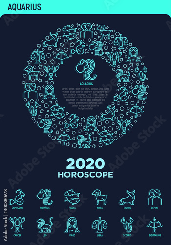Horoscope concept in circle with thin neon line icons. Zodiac signs: capricorn, aquarius, aries, pisces, virgo, libra, scorpio, sagittarius. Web page template with copy space. Vector illustration.