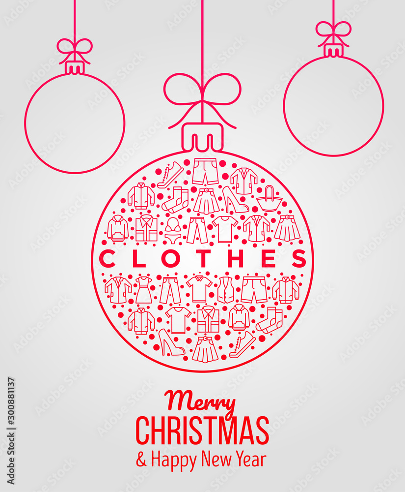 Naklejka premium Clothing concept in Christmas ball with thin line icons: shirt, shoes, pants, hoodie, sneakers, shorts, underwear, dress, skirt, jacket. Vector illustration, print media template for fashion shop.