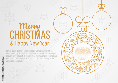 Concept with promotional products in Christmas ball with thin line icons: notebook, tote bag, sunglasses, t-shirt, water bottle, pen, backpack, cup, hat, travel mug. Vector illustration.