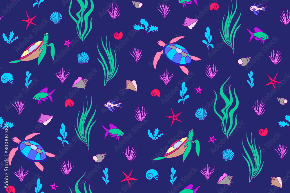 Underwater creatures seamless pattern with turtles, fish, shells. Vector cartoon undersea magic illustration, cute endless kids background Underwater creatures seamless pattern with turtles, fish, shells. Vector cartoon undersea magic illustration, cute endless kids background