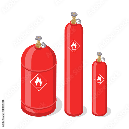 Set of metal containers or cylinders with liquefied compressed natural gases. Gas tanks balloons of various size isolated on white background. Isometric vector illustration.