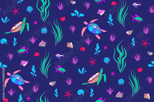 Underwater creatures seamless pattern with turtles  fish  shells. Vector cartoon undersea magic illustration  cute endless kids background
