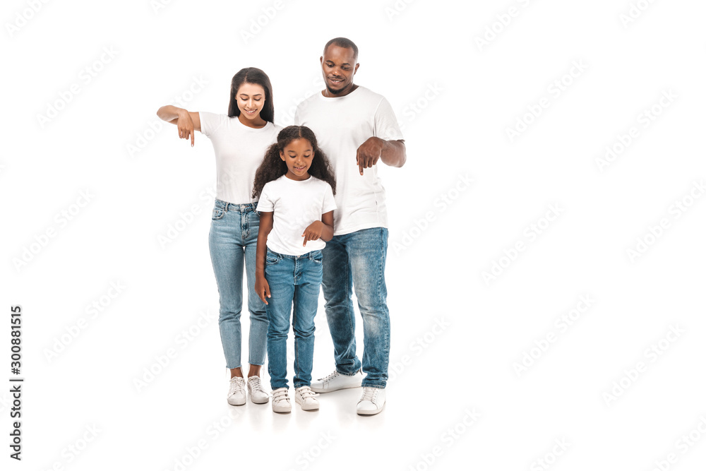 young african american family showing thumbs down on white background