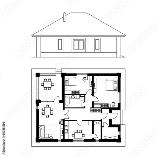 Architectural facade and plan of a house. The drawing of the cottage. Isolated on white background. Vector black illustration