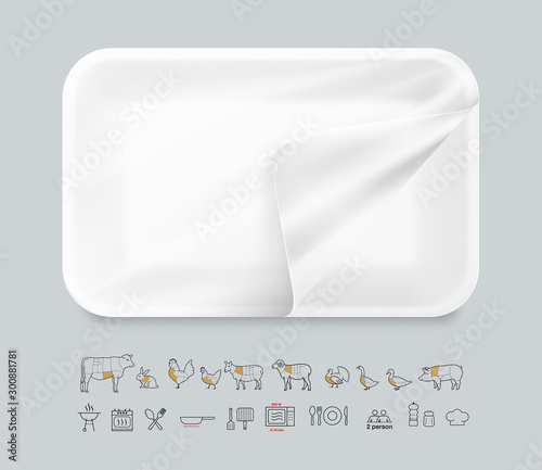 White tray mockup container with pack information. Vector illustration on grey background. Template ready for your design. EPS10.	